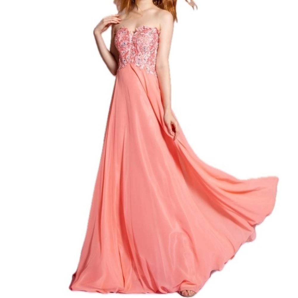Faviana Glamour Floral Bodice Strapless Prom Gown in Pink